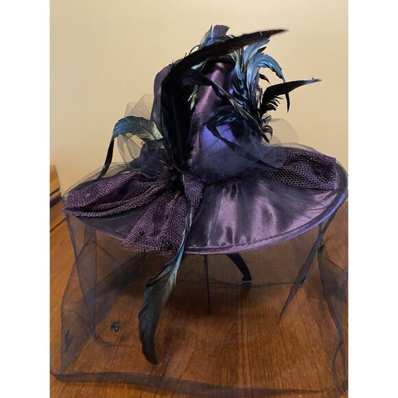 Halloween Witch Hat Purple Feathers Spiders Satin Costume Masquerade Holiday - Picture 3 of 6